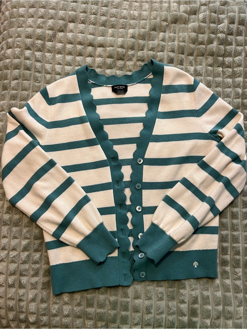 kate spade Cream and Teal Striped Scallop-Edge Cardigan